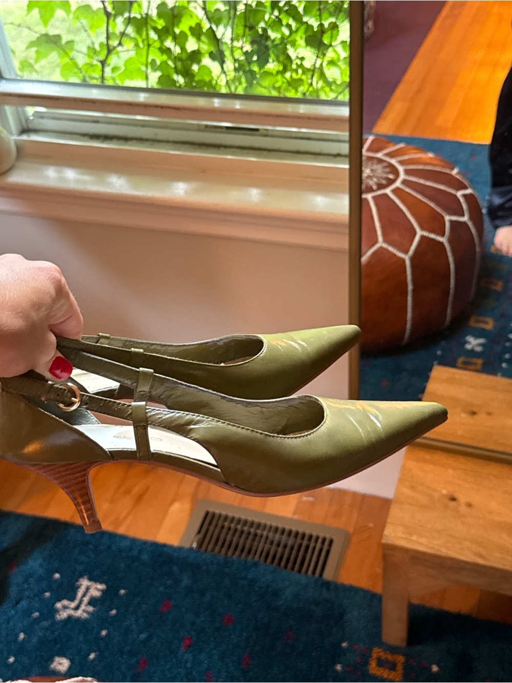Bandolino Olive Green Pointed Slingback Heels with Stacked Wood-Look Heel